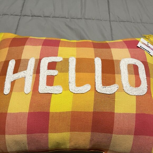 CRAYOLA X KOHL'S THROW PILLOW 14 X 20, HELLO CYBER YELLOW PLAID CHECKERED NWT - Picture 2 of 10